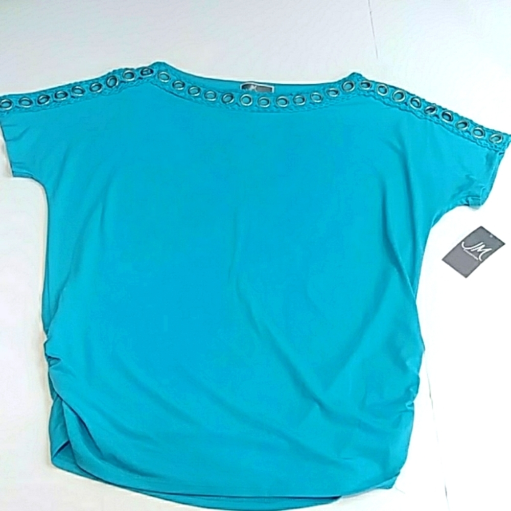 JM Collection Dolman Aqua Silver Embellishment Top, Size S/M
